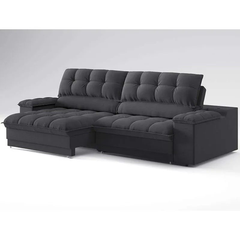 Sofá Retrátil e Reclinável Helen 3 Lugares Linho Grafite 210cm com USB e Porta-Copos