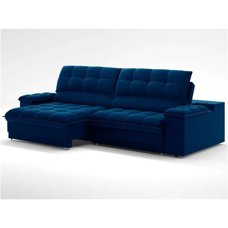 Sofá Retrátil e Reclinável Modern Helen Veludo Azul Marinho 210 cm