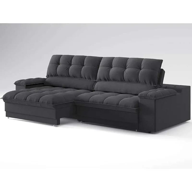 Sofá Retrátil e Reclinável Modern Helen Linho Grafite com USB e Porta-Copos 230 cm