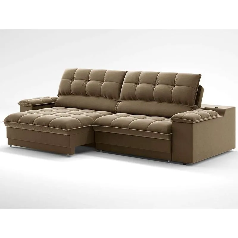 Sofá 3 Lugares Retrátil e Reclinável Helen com USB e Porta-Copos Veludo Castor 230 cm