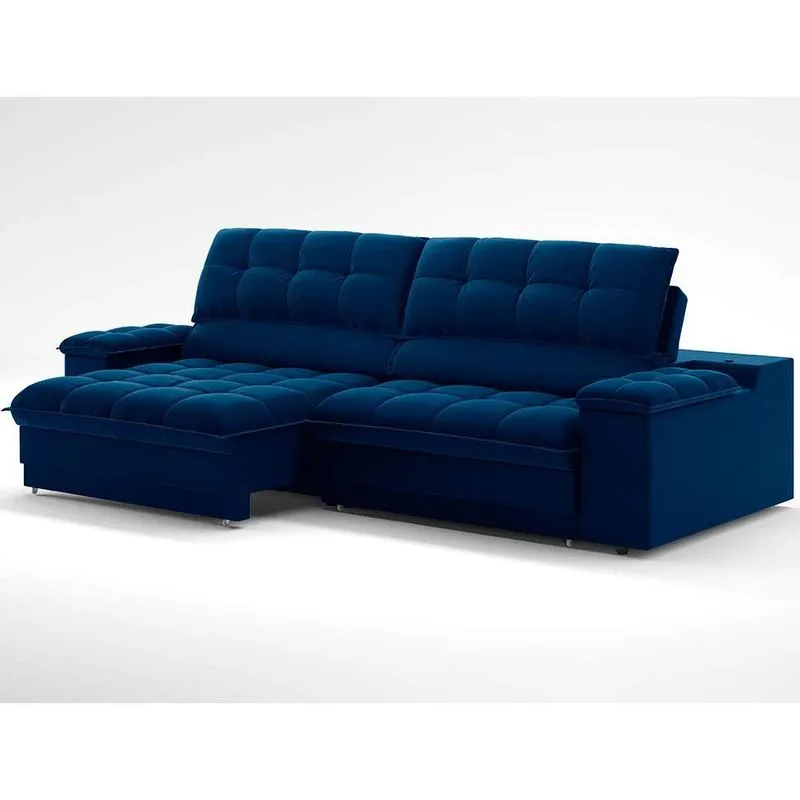 Sofá Retrátil e Reclinável Helen Veludo Azul Marinho com USB e Porta-Copos 230cm