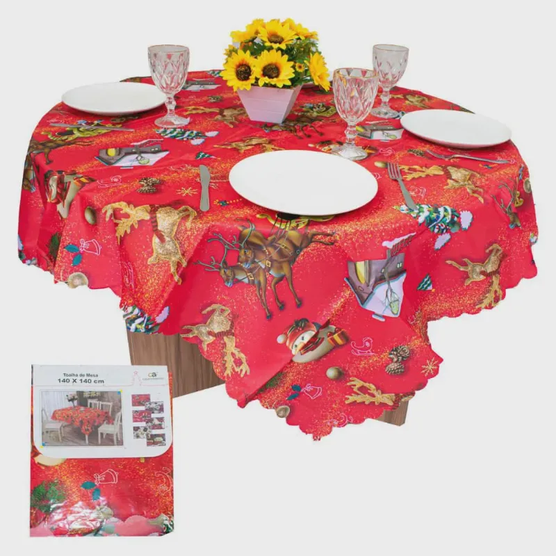 Toalha de Mesa de Natal Vermelha Papai Noel 1,40x1,40m - Casambiente