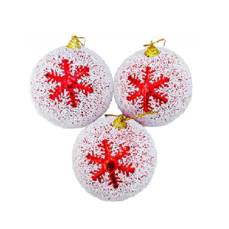 Bolas Natal Branca Floco Vermelho 8cm 3 Peças Casambiente