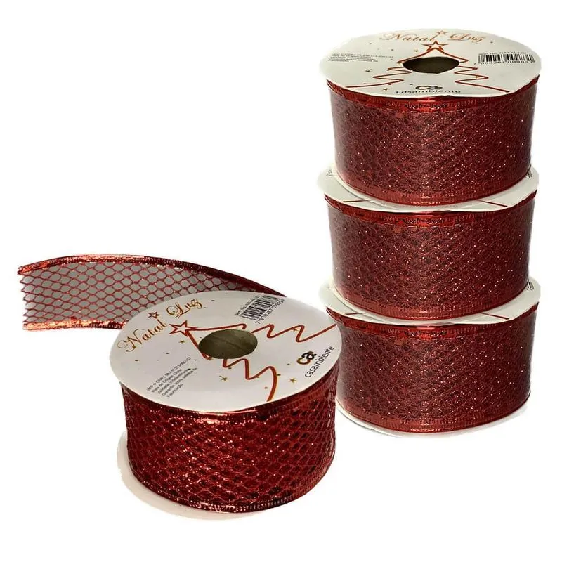 Kit 4 Rolos Fita Juta Vermelha Glitter 2,7m X 3,8cm