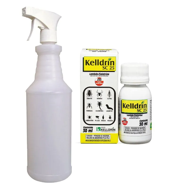 Kit Sc 25 30ml Inseticida Concentrado Kelldrin + Pulverizador 1 Litro Refil Spray Borrifador 1l Mata Escorpião Barata