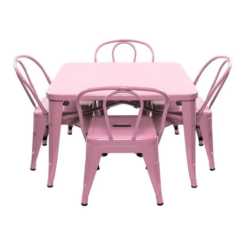 Conjunto Pelegrin Kids Design Tolix Mesa com 4 Cadeiras Infantil 70x70 Metal Rosa