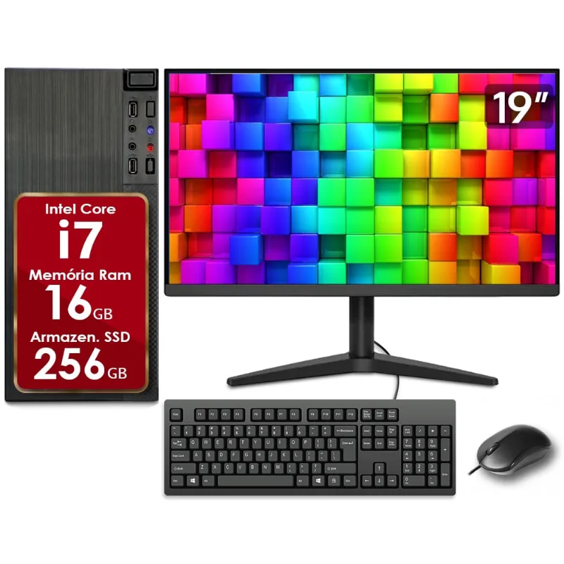 Computador Completo Intel Core i7 16GB ssd 256GB Monitor 19 4 Núcleos Super Turbo Pc Hdmi Teclado e Mouse Strong Tech