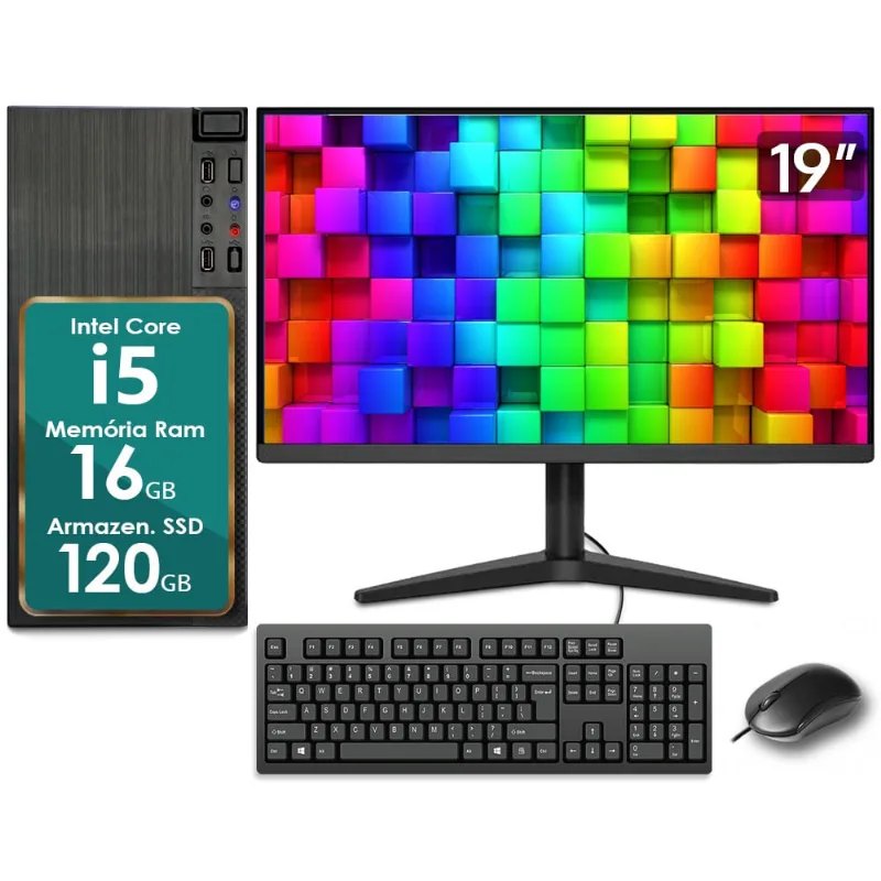 Computador Completo Intel Core i5 16GB ssd 120GB Monitor 19 4 Núcleos Super Turbo Pc Hdmi Teclado e Mouse Strong Tech