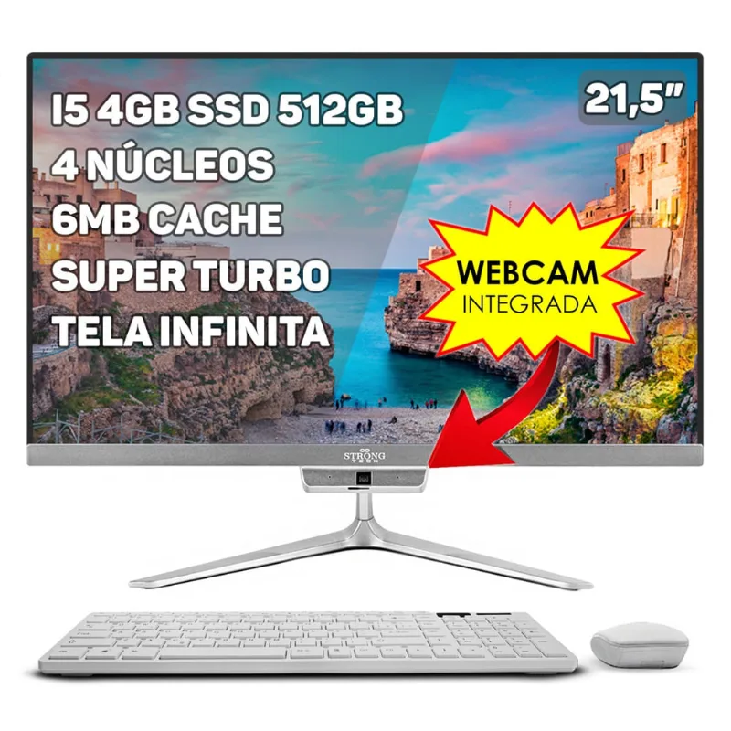 Computador Completo All In One Intel Core i5 21,5 4GB ssd 512GB 4 Núcleos Super Turbo Webcam Teclado Mouse Strong Tech