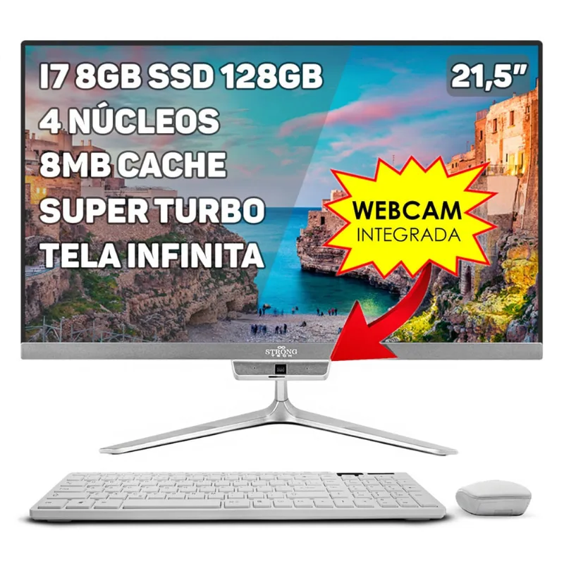 Computador Completo All In One Intel Core i7 21,5 8GB ssd 128GB 4 Núcleos Super Turbo Webcam Teclado Mouse Strong Tech