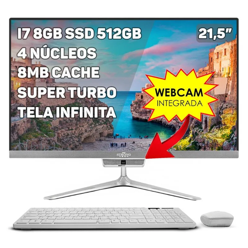 Computador Completo All In One Intel Core i7 21,5 8GB ssd 512GB 4 Núcleos Super Turbo Webcam Teclado Mouse Strong Tech
