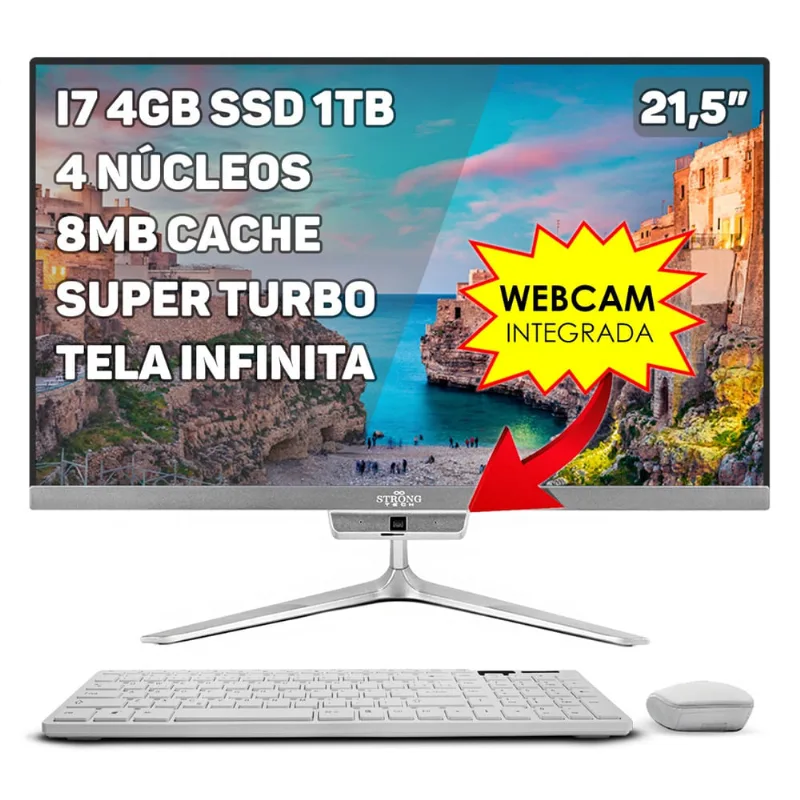 Computador Completo All In One Intel Core i7 21,5 4GB ssd 1TB 4 Núcleos Super Turbo Webcam Teclado e Mouse Sem Fio