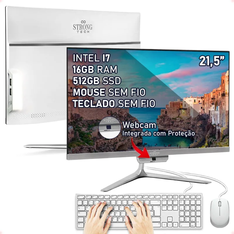 Computador Completo All In One Intel Core i7 21,5 16GB ssd 512GB Teclado e Mouse Strong Tech
