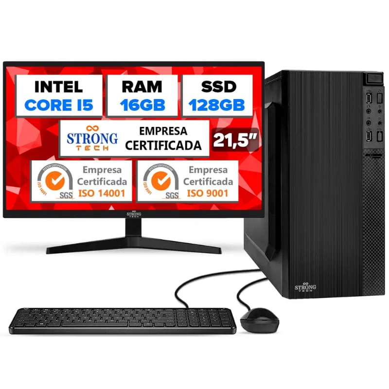 Computador Completo Intel Core i5 16GB ssd 128GB Monitor 21,5 4 Núcleos Super Turbo Pc Hdmi Teclado e Mouse Strong Tech