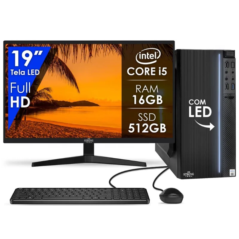 Computador Completo Intel Core i5 16GB ssd 512GB Monitor 19 4 Núcleos Super Turbo Pc Hdmi Teclado e Mouse Strong Tech