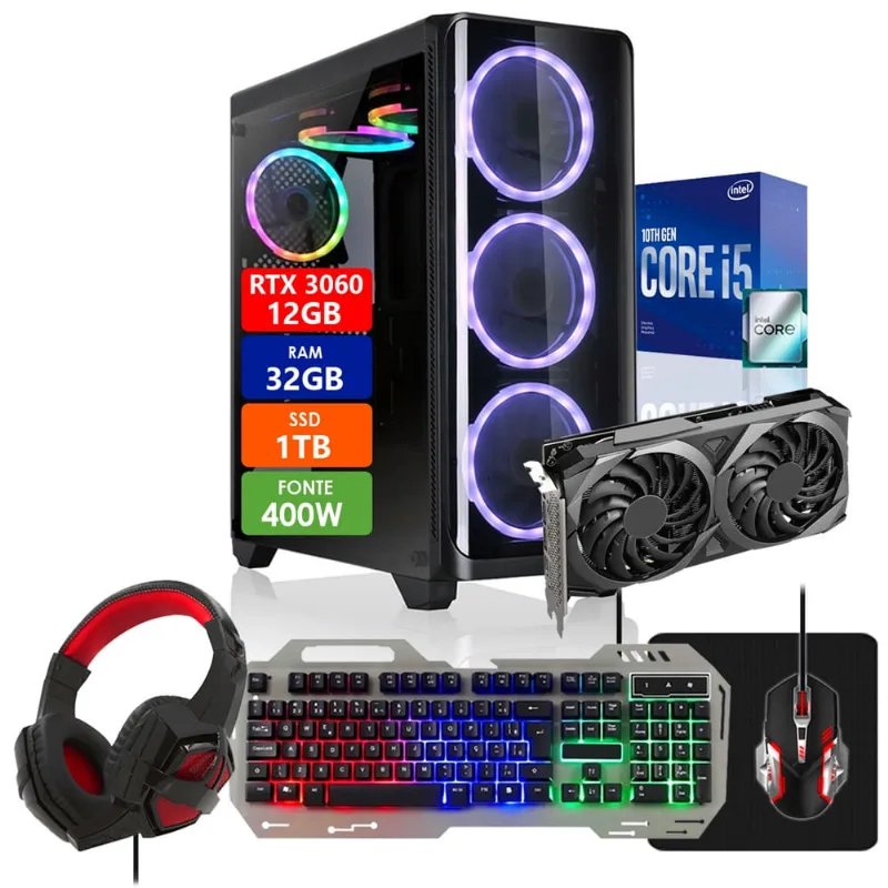 Pc Gamer Intel Core i5-10400F 32GB ssd 1TB Placa de Vídeo rtx 3060 12GB DDR6 Fonte 400W com Kit Gamer Completo Strong Tech