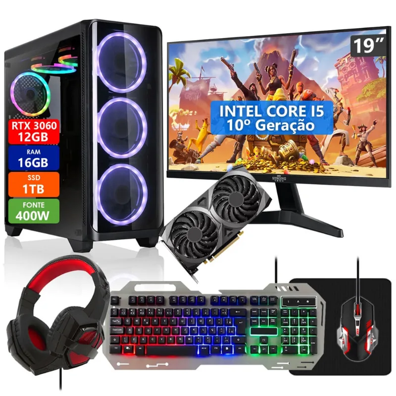 Pc Gamer Intel Core i5-10400F 16GB ssd 1TB Placa de Vídeo rtx 3060 12GB DDR6 com Kit Gamer Completo Monitor 19 Strong Tech