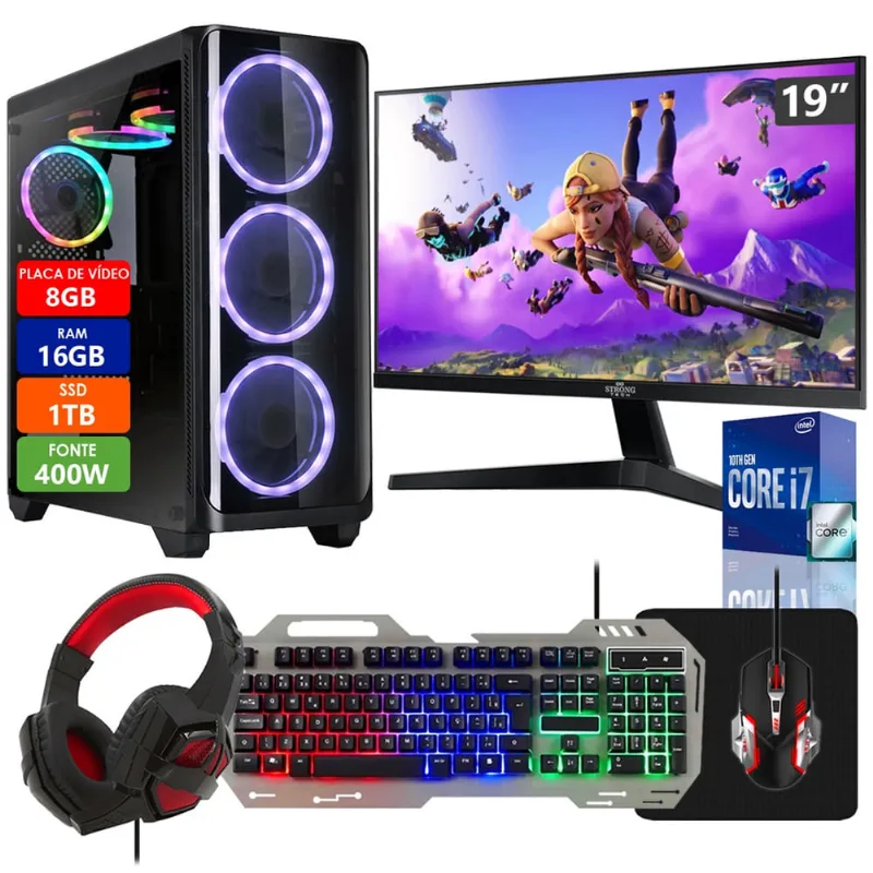 Pc Gamer Intel Core i7-10700F 16GB ssd 1TB Placa de Vídeo rx 580 8GB 256 Bits com Kit Gamer Completo Monitor 19 Strong Tech