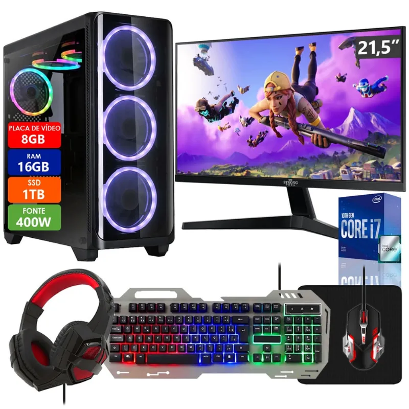 Pc Gamer Intel Core i7-10700F 16GB ssd 1TB Placa de Vídeo rx 580 8GB 256 Bits com Kit Gamer Completo Monitor 21,5 Strong Tech