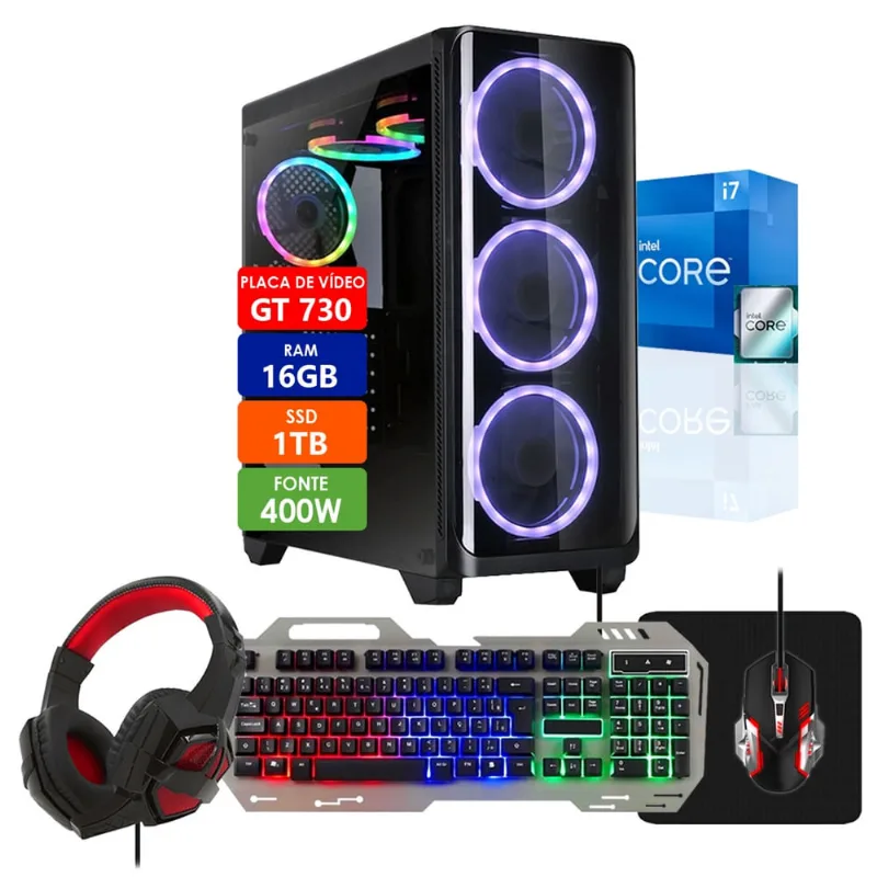 Pc Gamer Intel Core i7 16GB ssd 1TB Placa de Vídeo gt 730 2GB Fonte 400W Com Kit Gamer Strong Tech