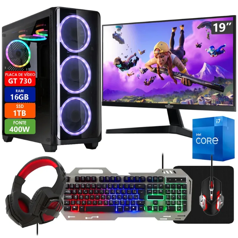 Pc Gamer Intel Core i7 16GB ssd 1TB Placa de Vídeo gt 730 2GB Com Kit Gamer Completo Monitor 19 Strong Tech
