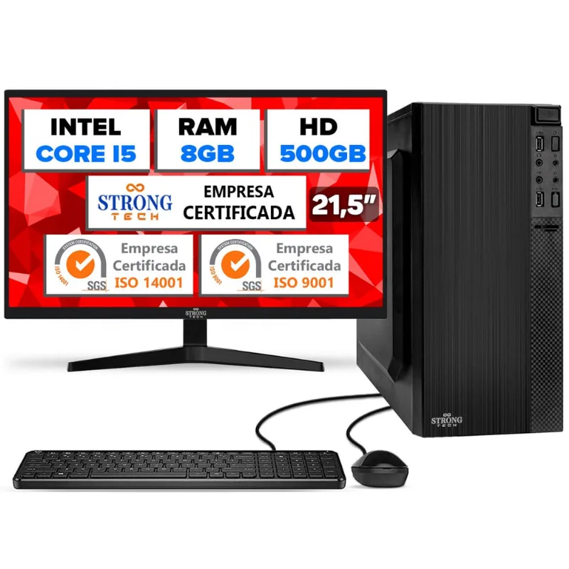 Computador Completo Intel Core i5 8GB HD 500GB Monitor 21,5 4 Núcleos Super Turbo Pc Hdmi Teclado e Mouse Strong Tech