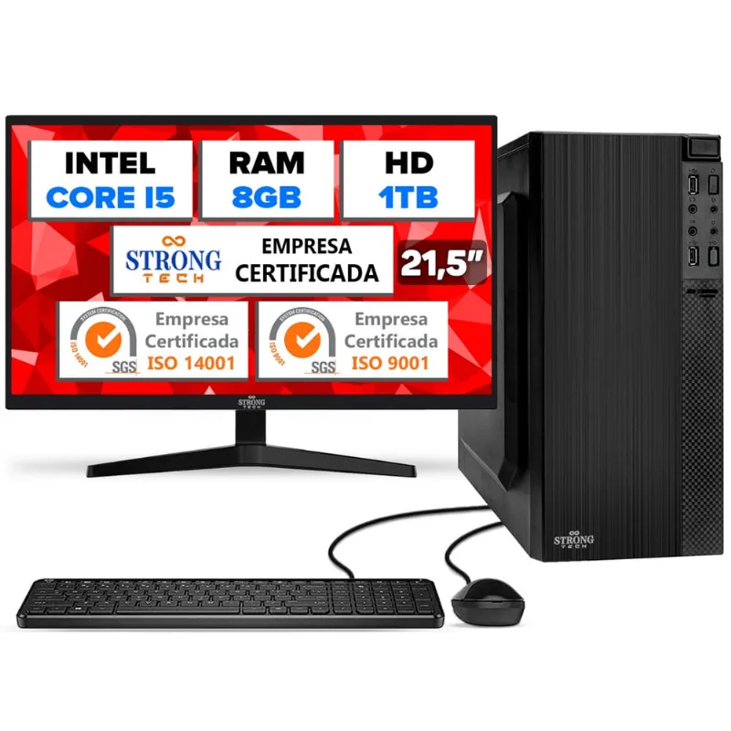 Computador Completo Intel Core i5 8GB HD 1TB Monitor 21,5 4 Núcleos Super Turbo Pc Hdmi Teclado e Mouse Strong Tech