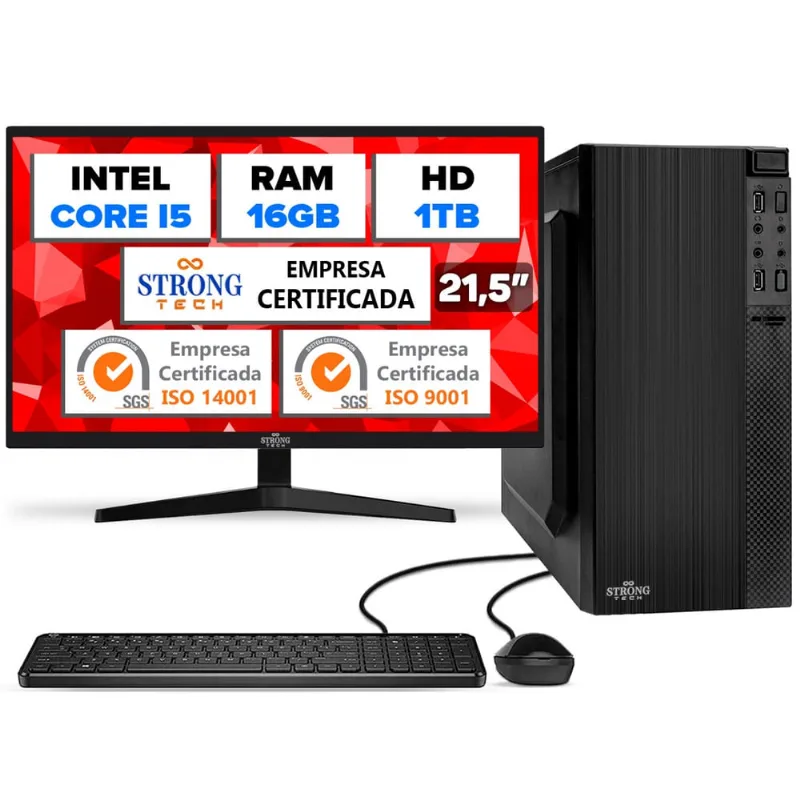 Computador Completo Intel Core i5 16GB HD 1TB Monitor 21,5 4 Núcleos Super Turbo Pc Hdmi Teclado e Mouse Strong Tech