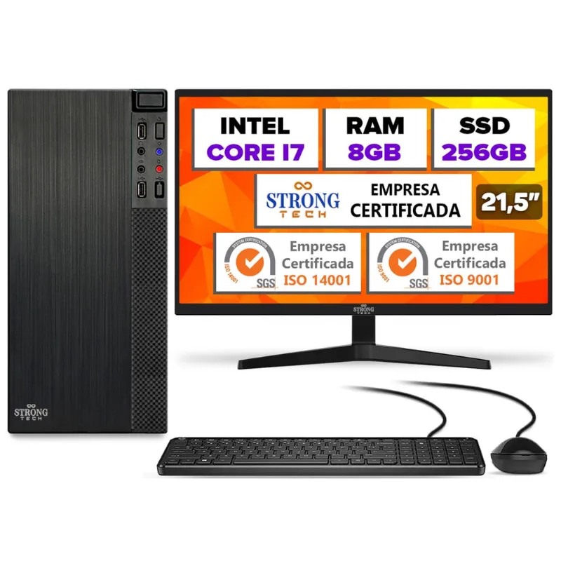Computador Completo Intel Core i7 8GB ssd 256GB Monitor 21,5 4 Núcleos Super Turbo Pc Hdmi Teclado e Mouse Strong Tech