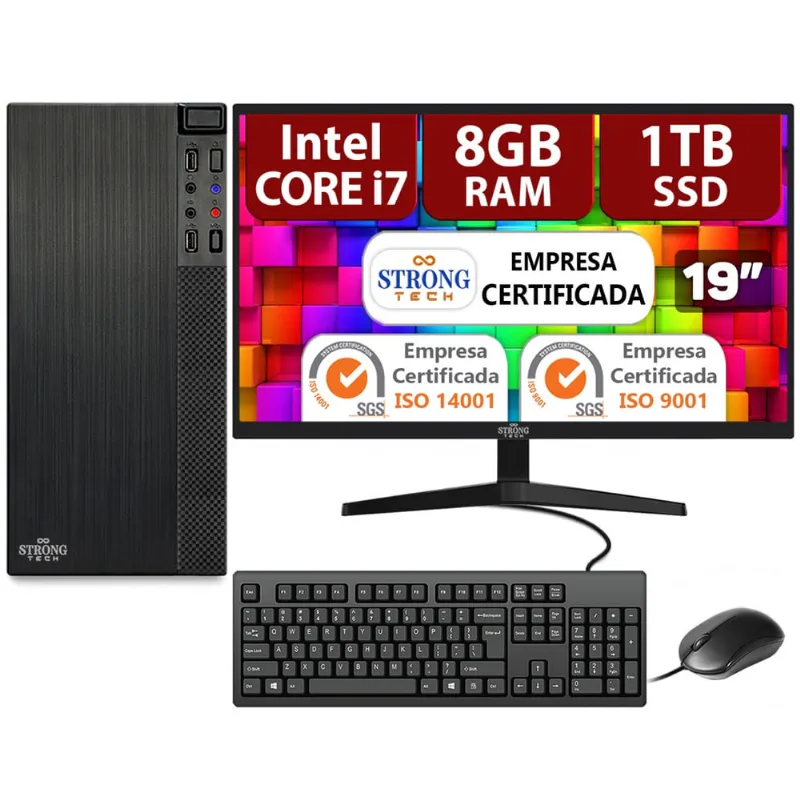 Computador Completo Intel Core i7 8GB ssd 1TB Monitor 19 4 Núcleos Super Turbo Pc Hdmi Teclado e Mouse Strong Tech