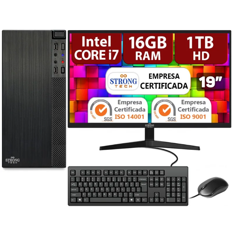 Computador Completo Intel Core i7 16GB HD 1TB Monitor 19 4 Núcleos Super Turbo Pc Hdmi Teclado e Mouse Strong Tech