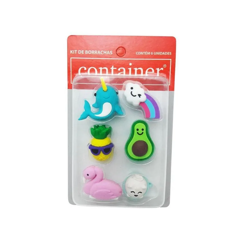 Kit 6 Borrachas Container Animaizinhos Fofos Kit Escolar