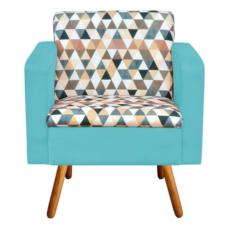 Poltrona Estampado Triangulo D87 Suede Azul Turquesa