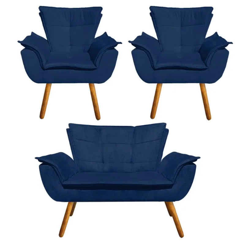 Namoradeira e 2 Poltronas Pé Palito Castanho Opala Suede Azul Marinho D03 - D'Rossi