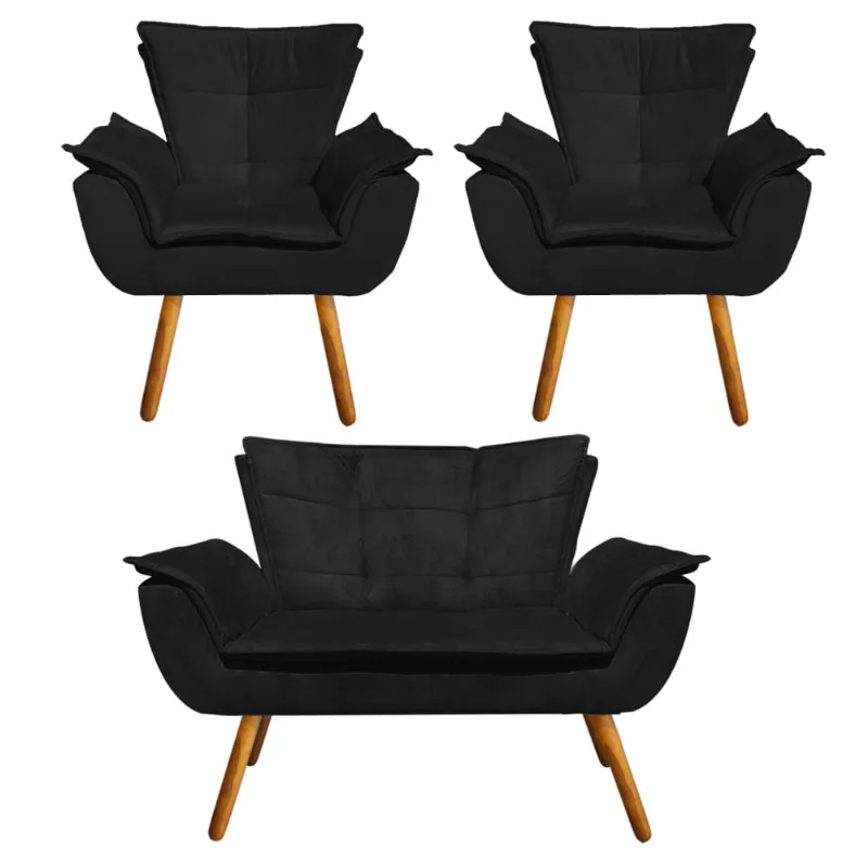 Namoradeira e 2 Poltronas Pé Palito Castanho Opala Suede Preto D03 - D'Rossi