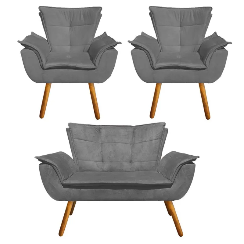 Namoradeira e 2 Poltronas Pé Palito Castanho Opala Suede Grafite D03 - D'Rossi