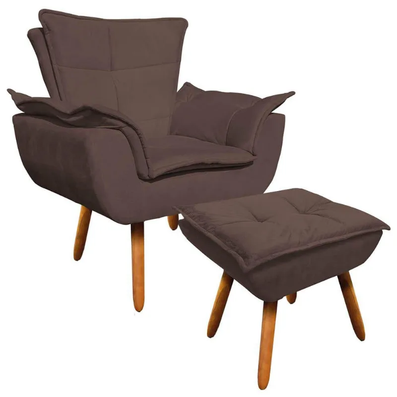 Kit 01 Poltrona com 01 Puff Opala Suede Marrom Pés Palito