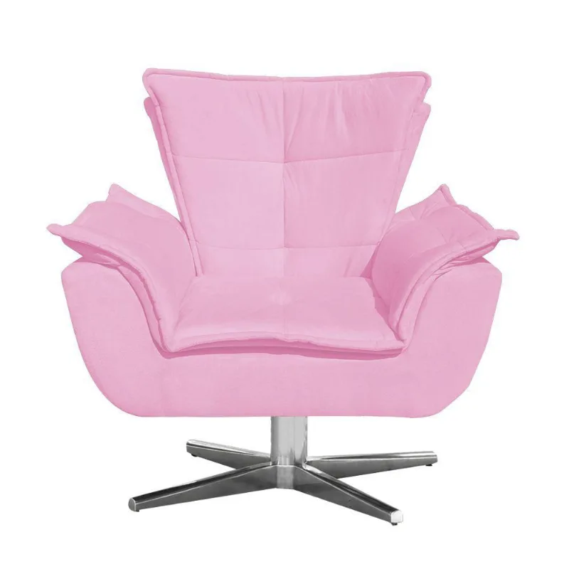 Poltrona Giratória Suede Rosa Bebê Base Estrela Cromada