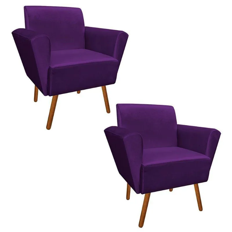 Kit 02 Poltronas Dora Acetinado Roxo Pés Palito Castanho