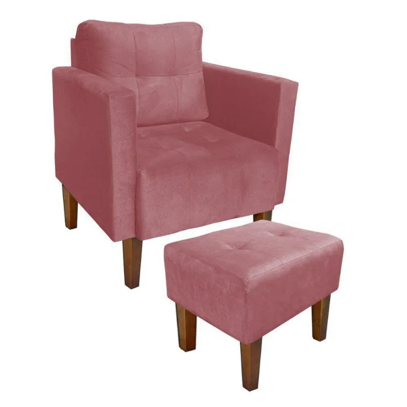 Kit 01 Poltrona e 01 Puff Lívia Suede Rose Pés Trapézio