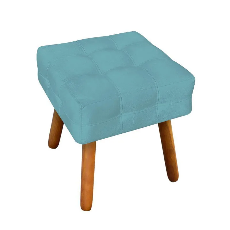 Puff Elisa Suede Azul Turquesa Pés Palito Castanho