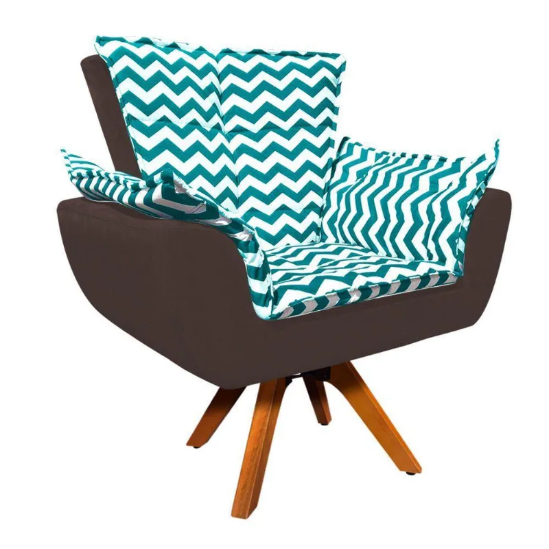 Poltrona Giratória Zig Zag Verde Turquesa Com Suede Marrom