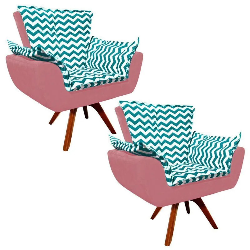 Kit 02 Poltronas Giratória Opala Verde E Rose