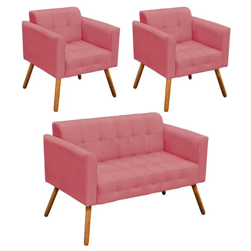 01 Namoradeira e 02 Poltronas Elisa Suede Pés Palito Rose