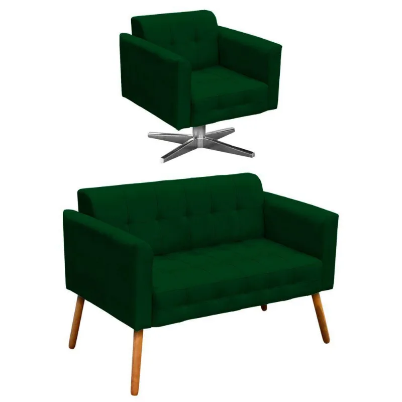 Kit 1 Namoradeira e 1 Poltrona Giratória Elisa Suede Verde