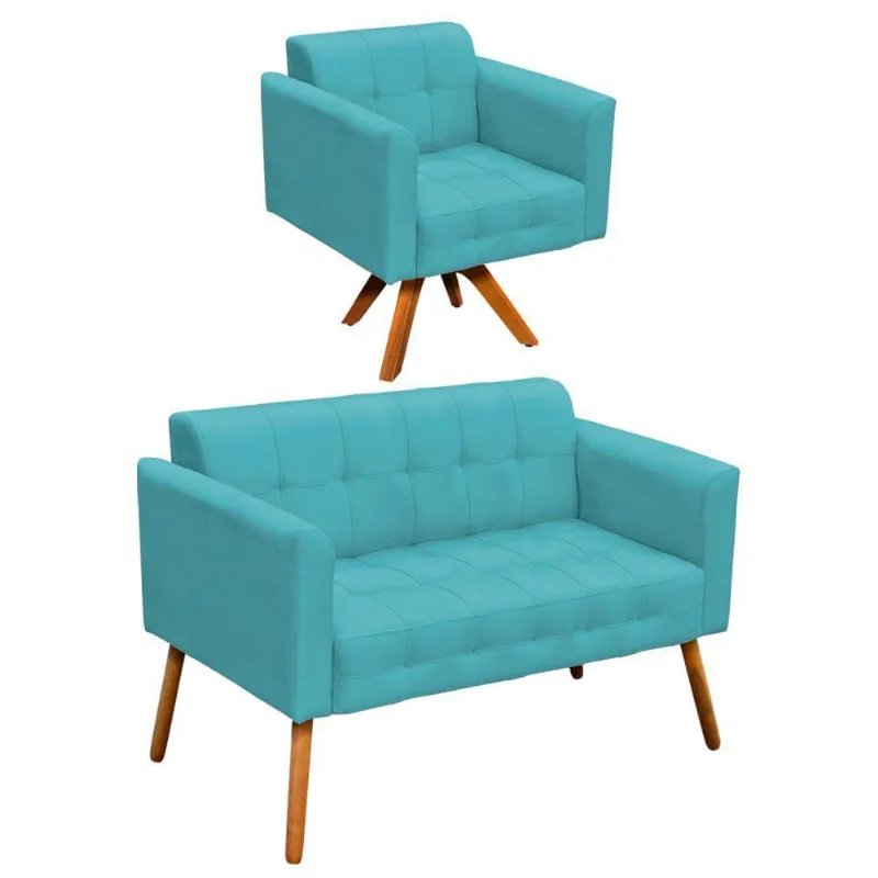 Kit 1 Namoradeira e 1 Poltrona Giratória Elisa Azul Turquesa