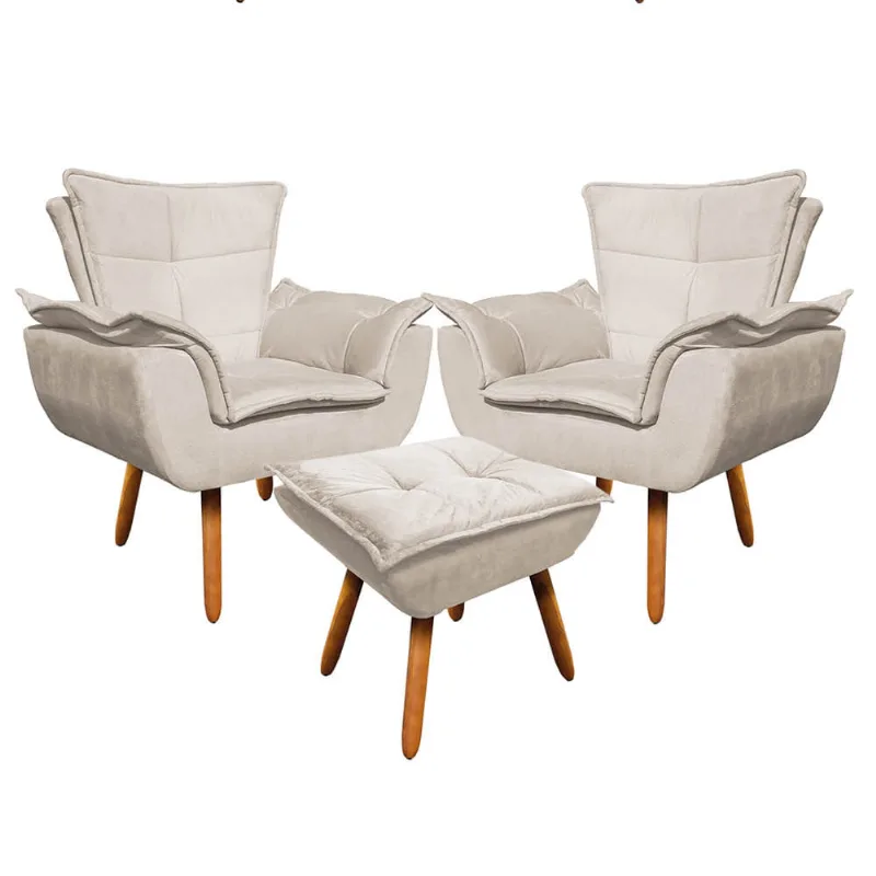 02 Poltronas e 01 Puff Pé Palito de Madeira Opala Suede D03 - D'Rossi Bege