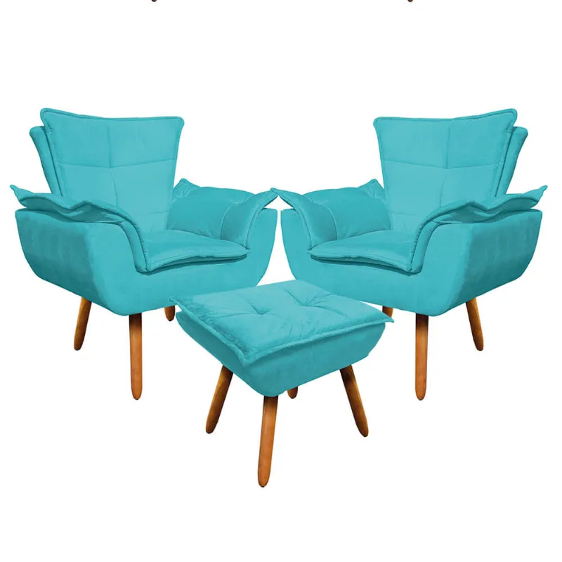 02 Poltronas e 01 Puff Pé Palito de Madeira Opala Suede D03 - D'Rossi Azul Turquesa