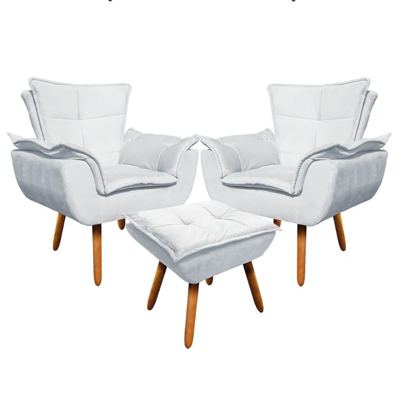 02 Poltronas e 01 Puff Pé Palito de Madeira Opala Suede D03 - D'Rossi Cinza