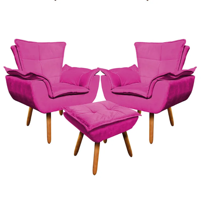 02 Poltronas e 01 Puff Pé Palito de Madeira Opala Suede D03 - D'Rossi Pink